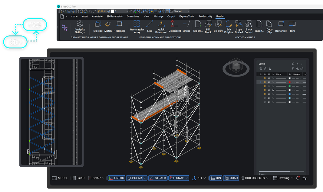 Interface do Octave BricsCAD Pro mostrando recursos de projeto em 2D e 3D
