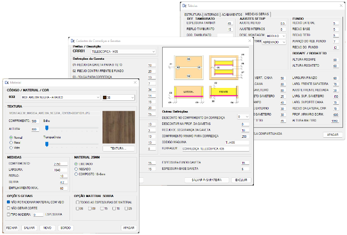 Telas reais do IDCAD para configuração de material, gavetas e módulos