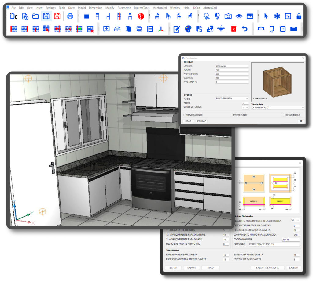 Conjunto de ferramentas do IDCAD com modelagem de cozinha, criação de módulo e configuração de ferragens