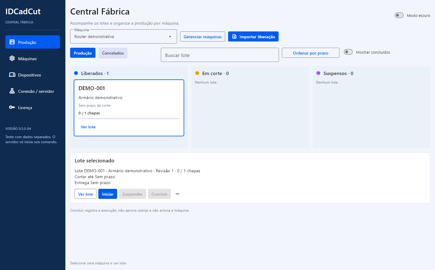 Interface real da Central Fábrica do IDCAD Cut