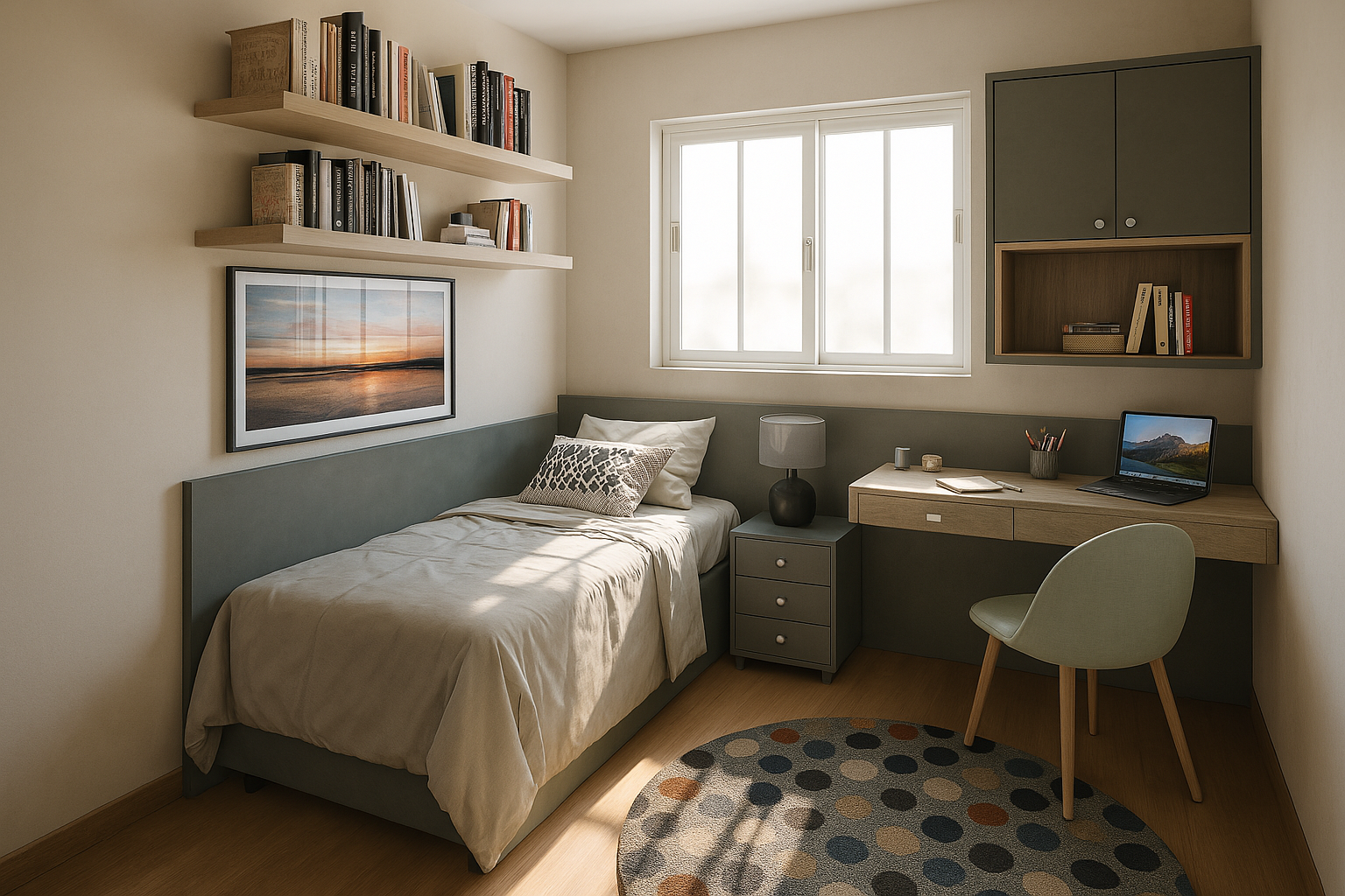 Renderização de um quarto planejado com cama, escrivaninha, nichos e armários sob medida