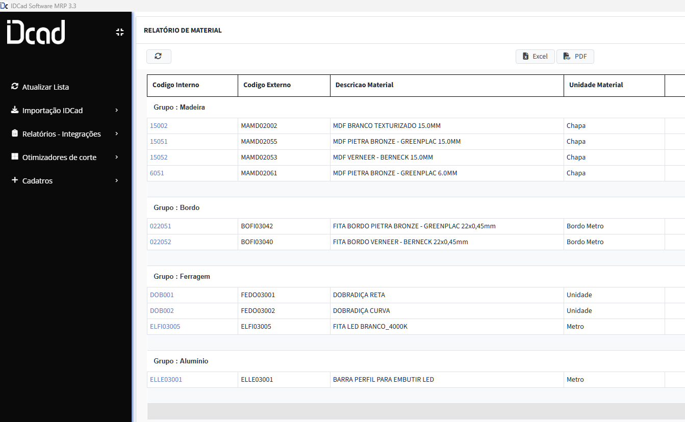 Tela do IDCAD MRP com gerenciamento de materiais e recursos de exportação para o plano de corte