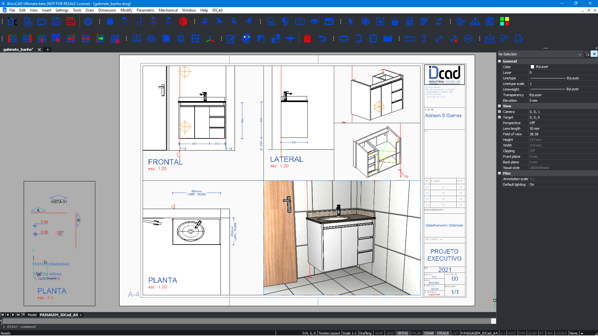 Projeto executivo com vistas, dimensões e perspectiva criado no IDCAD