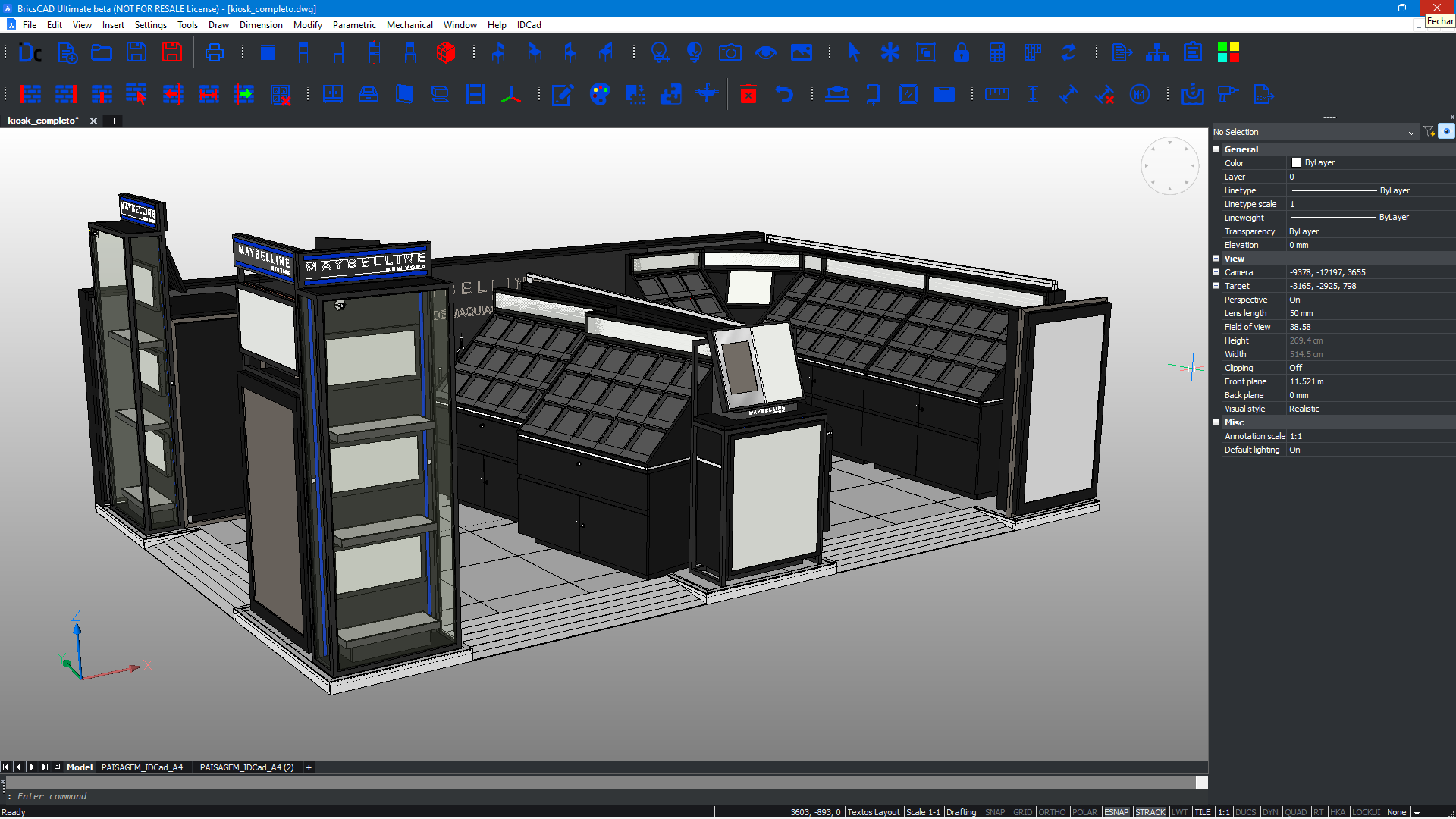 Projeto 3D de quiosque comercial desenvolvido no IDCAD