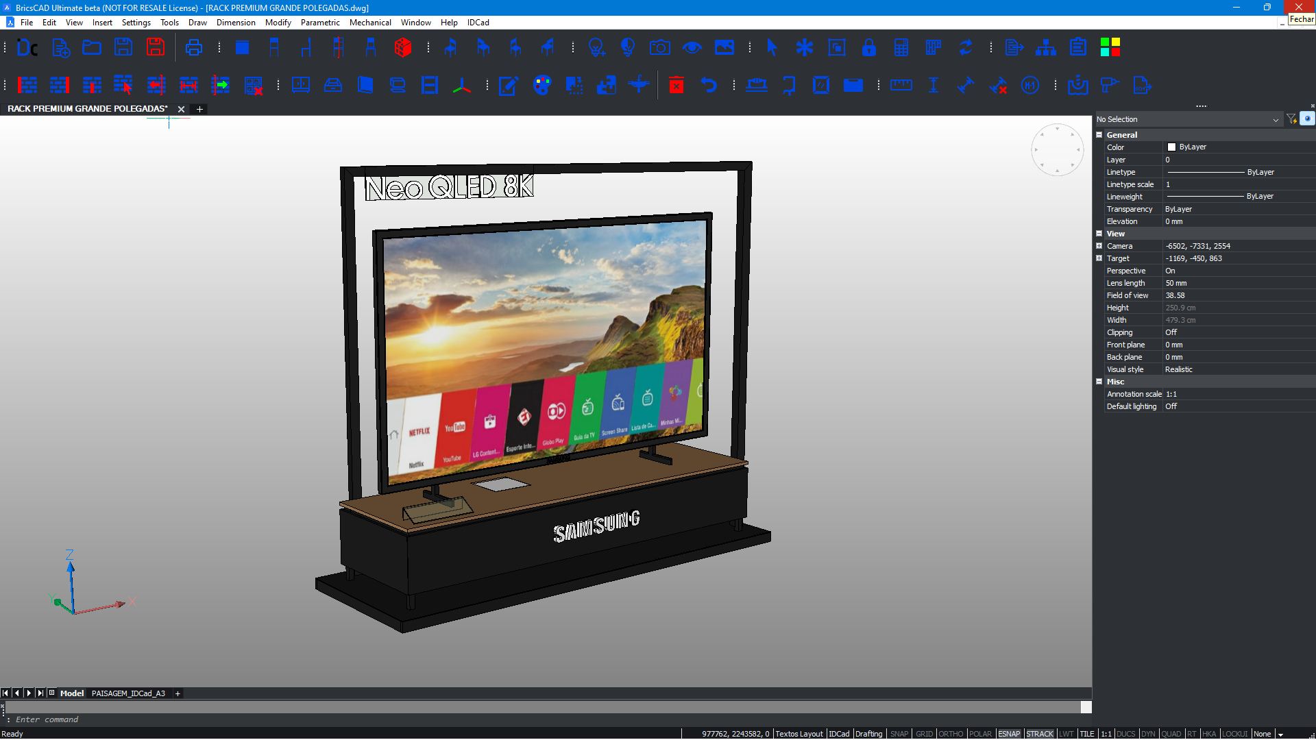 Projeto 3D de rack e painel de televisão desenvolvido no IDCAD