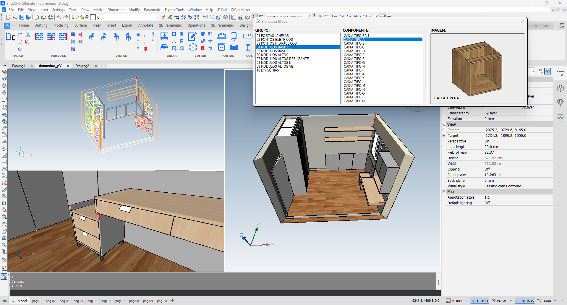 Projeto de dormitório desenvolvido no IDCAD dentro do BricsCAD, com biblioteca de módulos aberta