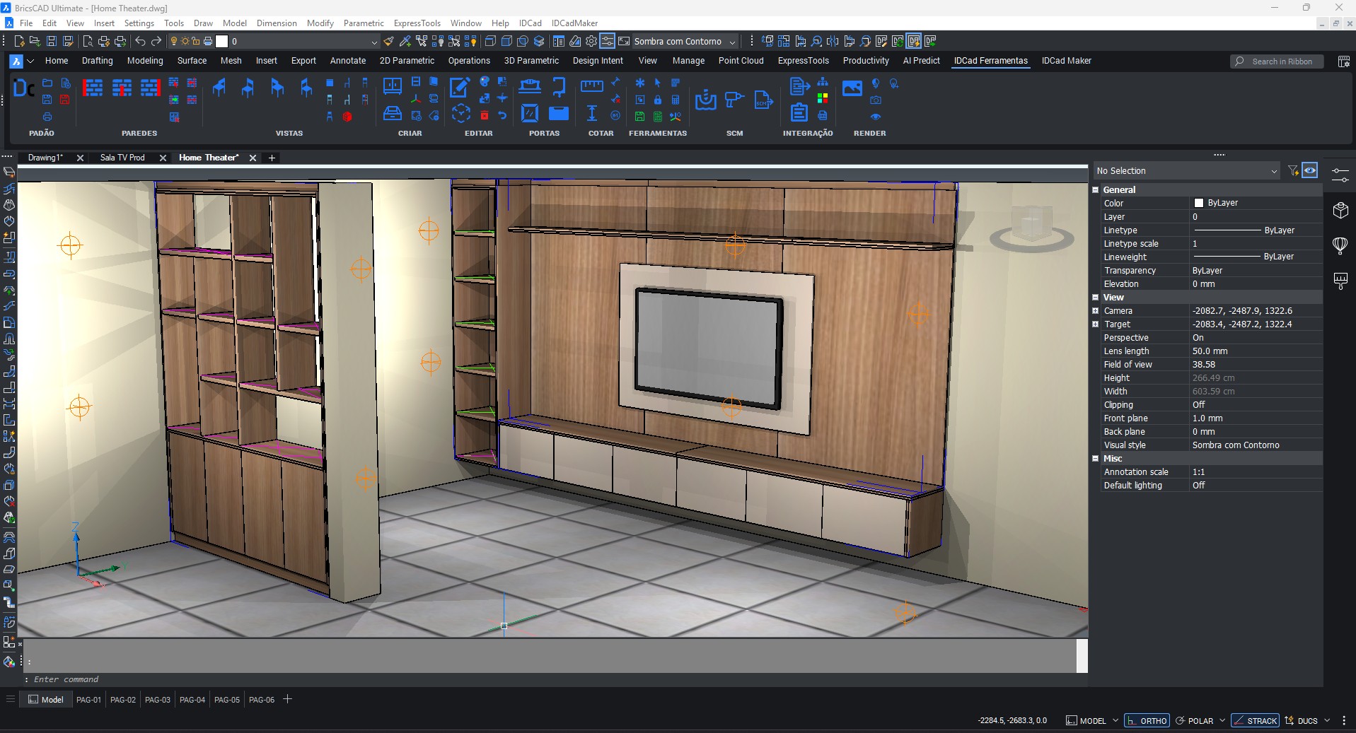Projeto 3D de home theater desenvolvido no IDCAD dentro do BricsCAD