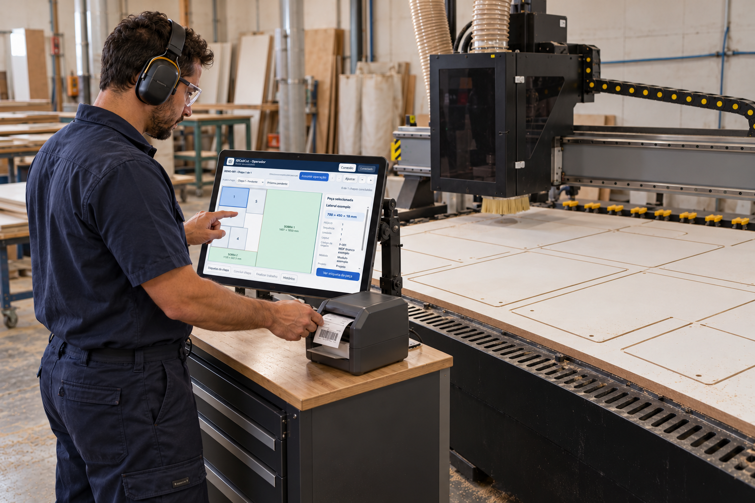 Cena ilustrativa de operador junto à router CNC consultando um tablet em suporte, com impressora de etiquetas ao lado