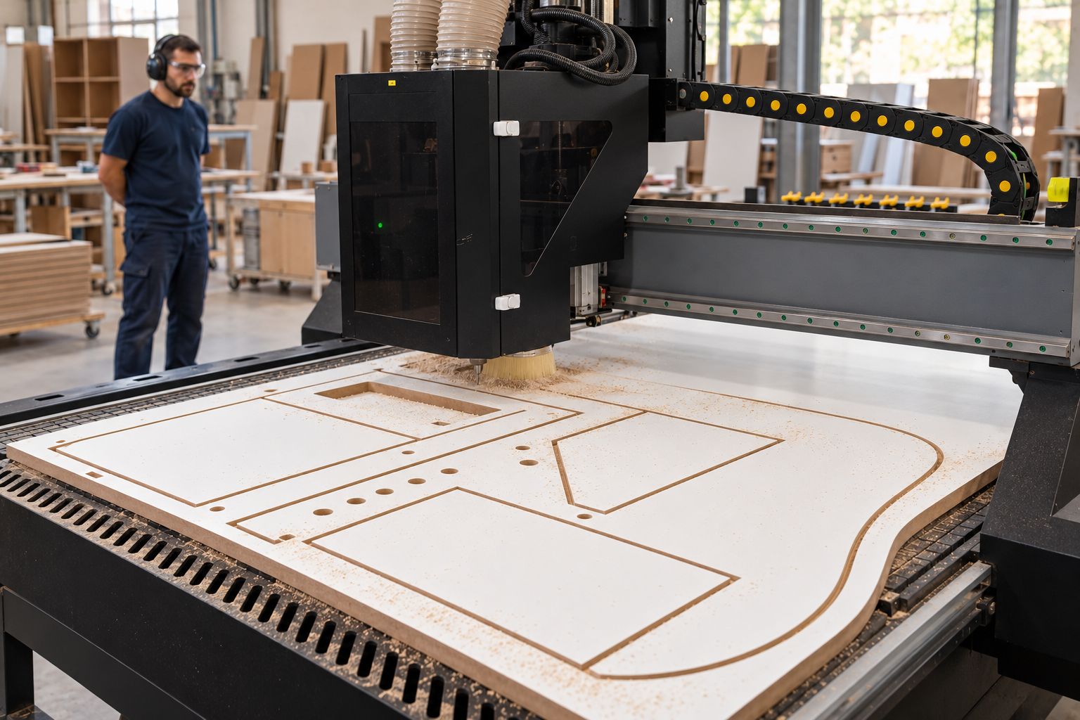 Cena ilustrativa de uma router CNC usinando uma chapa de MDF com peças retangulares e curvas, com operador acompanhando ao fundo